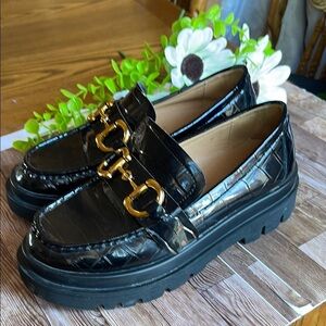 Glossy Black Loafers with Gold Chain Detail